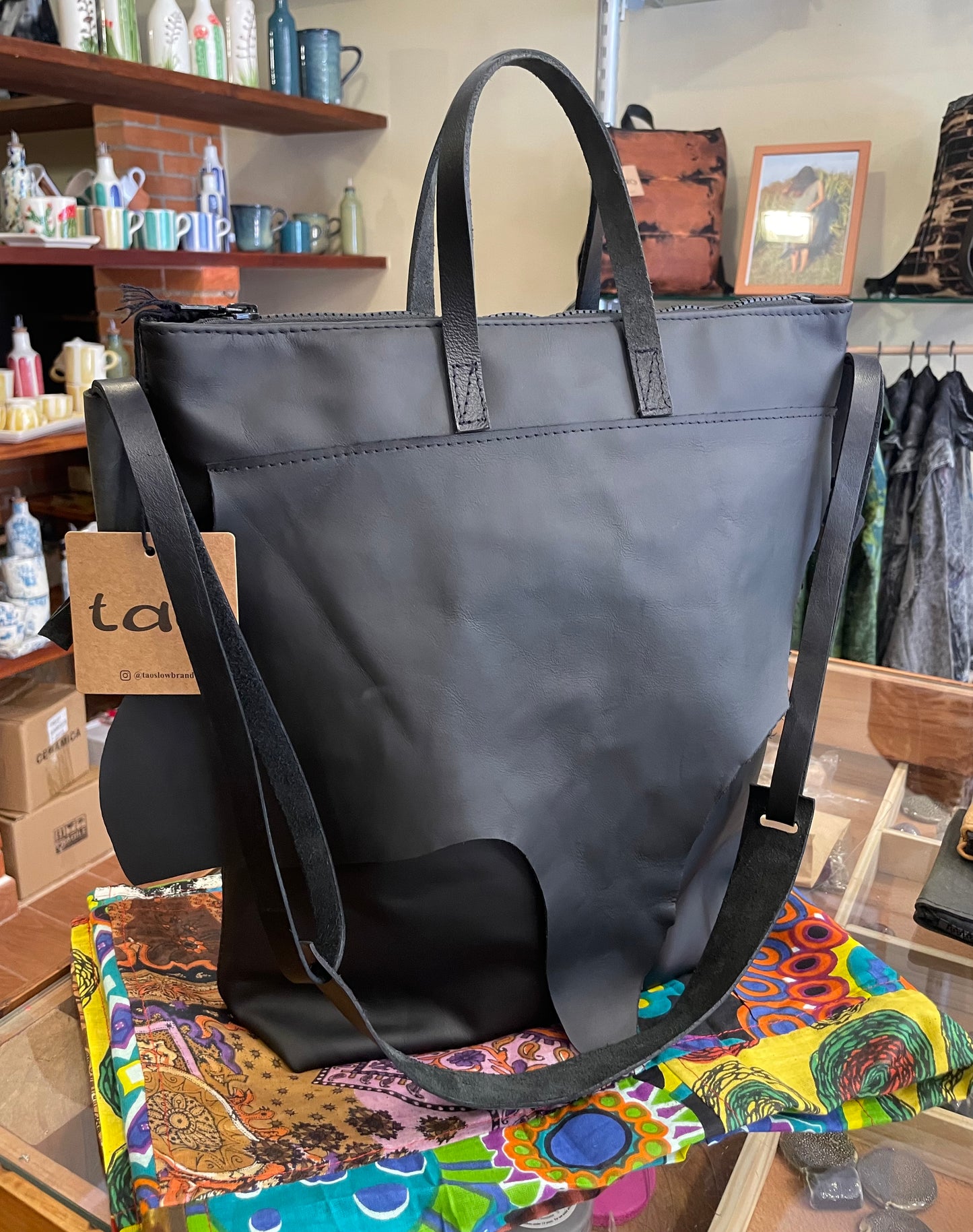 Black leather handbag and shoulder bag